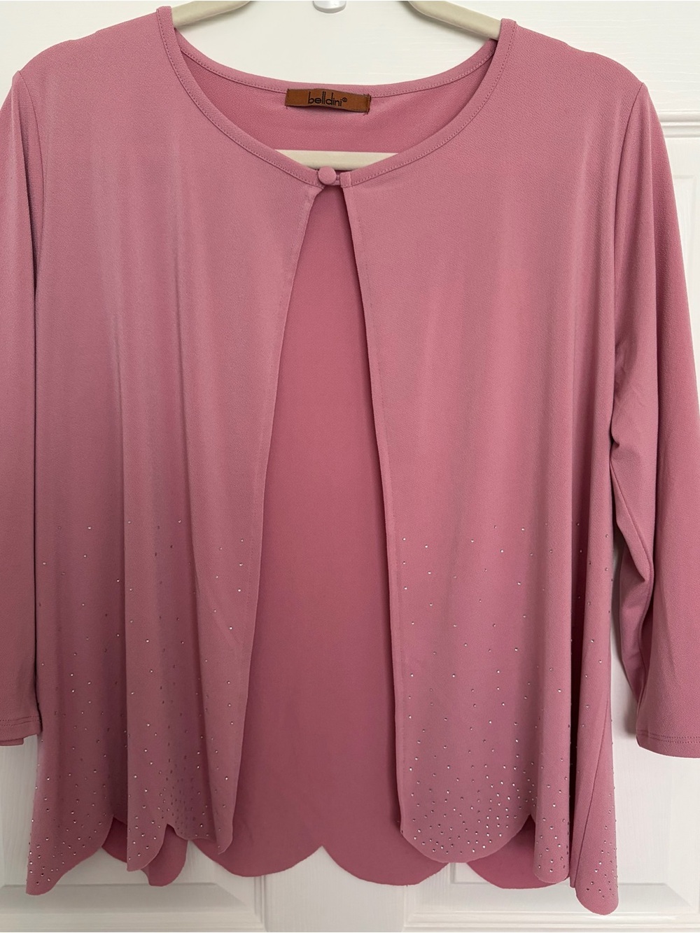 Rose Cardigan with Scalloped Hem & Rhinestone Detail